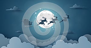 Origami Paper art of Santa Claus and reindeer flying on the sky with full moon