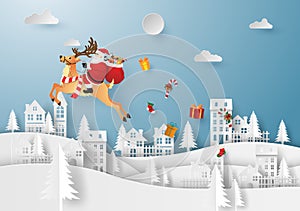Santa Claus and reindeer in the village, Merry Christmas and Happy New Year