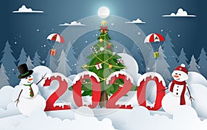 Origami Paper art of Snowman with Christmas and New Year 2020 party in Christmas eve