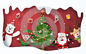Origami paper art style, Christmas party with Santa Claus and Christmas tree and character in Snow frame