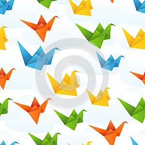 Origami paper birds flight abstract background