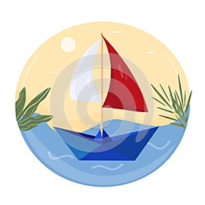 Origami from a paper boat on the water. Vector illustration of a flat design. Template for badge, badge, logo, etc. Concept of a