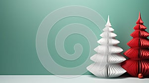 Origami paper craft Christmas tree background. Merry Christmas, Happy New Year concept. Illustration for postcard