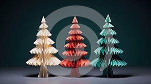 Origami paper craft Christmas tree background. Merry Christmas, Happy New Year concept. Illustration for postcard