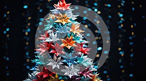 Origami paper craft Christmas tree background. Merry Christmas, Happy New Year concept. Illustration for postcard