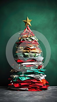 Origami paper craft Christmas tree background. Merry Christmas, Happy New Year concept. Illustration for postcard