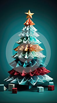 Origami paper craft Christmas tree background. Merry Christmas, Happy New Year concept. Illustration for postcard