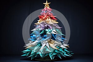 Origami paper craft Christmas tree background. Merry Christmas, Happy New Year concept. Illustration for postcard