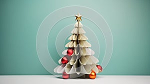 Origami paper craft Christmas tree background. Merry Christmas, Happy New Year concept. Illustration for postcard