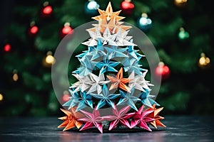 Origami paper craft Christmas tree background. Merry Christmas, Happy New Year concept. Illustration for postcard