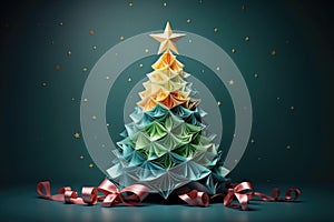 Origami paper craft Christmas tree background. Merry Christmas, Happy New Year concept. Illustration for postcard