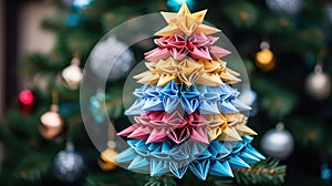 Origami paper craft Christmas tree background. Merry Christmas, Happy New Year concept. Illustration for postcard