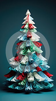 Origami paper craft Christmas tree background. Merry Christmas, Happy New Year concept. Illustration for postcard