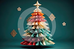 Origami paper craft Christmas tree background. Merry Christmas, Happy New Year concept. Illustration for postcard