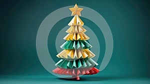 Origami paper craft Christmas tree background. Merry Christmas, Happy New Year concept. Illustration for postcard