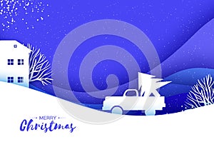 Origami paper cut car with Christmas tree on blue. Merry Christmas and Happy New Year. Origami Winter Landscape. Village