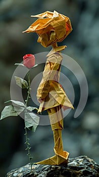 origami paper folding of little prince and red rose on a rock