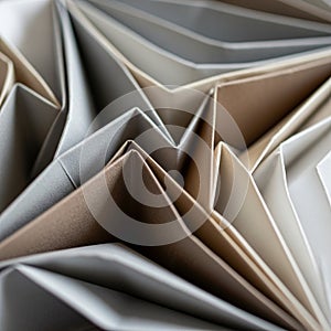 Origami paper folds create sharp, angular patterns in earthy tones including beige,