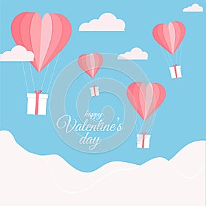 Origami Paper Hot Air Balloons with Gift Boxes and Clouds for Happy Valentine`s Day Celebration