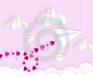 Origami paper plane. Dash line in the sky. Love card. Vector