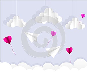Origami paper plane. Dash line in the sky. Love card. Vector