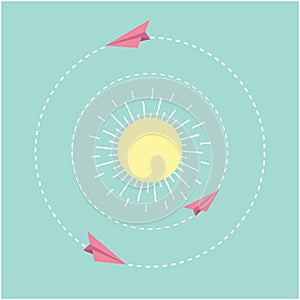 Origami paper plane and sun. Dash line circle. Flat design.