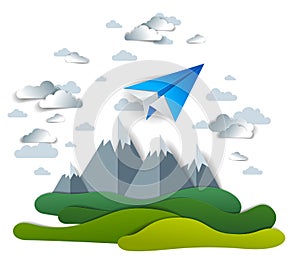 Origami paper plane toy flying in the sky over mountain peaks, perfect vector illustration of scenic nature landscape with toy jet