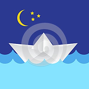 Origami paper ship on ocean waves. Travel transport toy, cruise and vessel. Vector illustration
