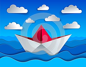 Origami paper ship toy swimming in curvy waves of the sea and cl