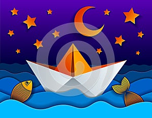 Origami paper ship toy swimming in the night with moon and stars
