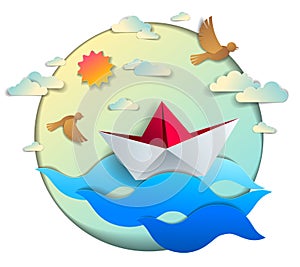 Origami paper ship toy swimming in ocean waves, beautiful vector