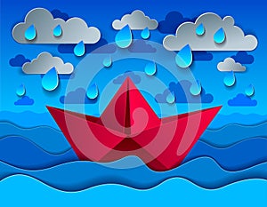 Origami paper ship toy swimming in rain over ocean, curvy waves of the sea and clouds in the sky, beautiful vector illustration in