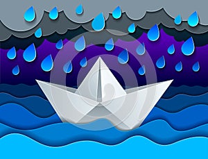 Origami paper ship toy swimming in rain over ocean, curvy waves of the sea and clouds in the sky, beautiful vector illustration in