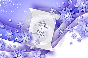 Origami Paper Snowflakes on violet layered background. Merry Christmas and Happy New Year in paper craft style. Magic
