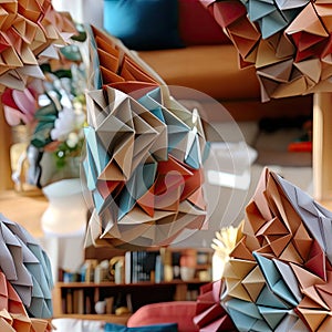 Origami pieces in abstract colorist sculptures with radiant clusters (tiled)