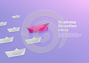 Origami pink paper boat floating in front of white paper boats. Business direction ideas concept banner template.