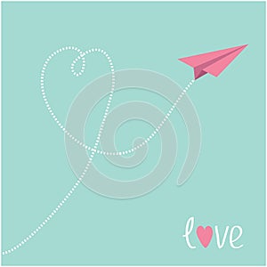 Origami pink paper plane. Dash heart in the blue sky. Love card.