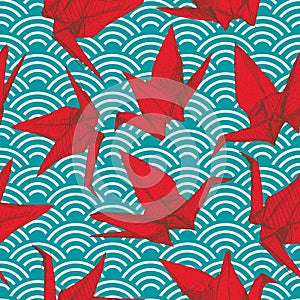 Origami red paper cranes set sketch seamless pattern. burgundy maroon line Nature oriental background with japanese wave circle pa