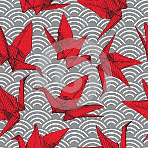 Origami red paper cranes sketch seamless pattern. burgundy maroon line on Gray Nature oriental background with japanese wave
