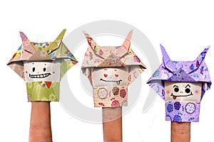 Origami samurai puppets  on white