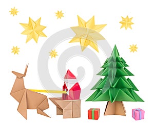 Origami santa clause, deer, Christmas tree and stars