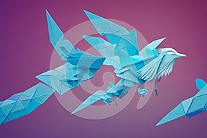 Origami seagull flying with blue origami paper birds. 3d rendering