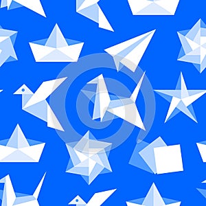 Origami seamless pattern with flat icons. Paper cranes, bird, boat, plane vector illustrations. Colored background blue