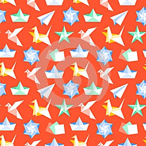 Origami seamless pattern with flat icons. Paper cranes, bird, boat, plane vector illustrations. Colored background red