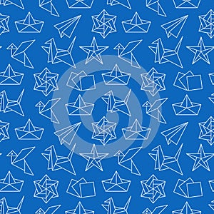 Origami seamless pattern with flat line icons. Paper cranes, bird, boat, plane vector illustrations. Background blue