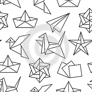 Origami seamless pattern with flat line icons. Paper cranes, bird, boat, plane vector illustrations. Monochrome