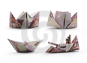 Origami ships of five hundred euro banknotes