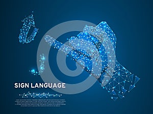 Origami Sign language J letter, hand Polygonal space low poly style. People silent communication wireframe Vector