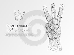 Origami Sign language V letter, hand three fingers pointing up gesture, Polygonal low poly. Deaf communication Vector
