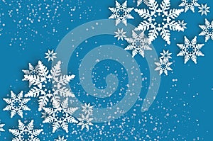 Origami Snowfall. Happy New Year Greetings card. Merry Christmas. White Paper cut snow flake. Winter snowflakes